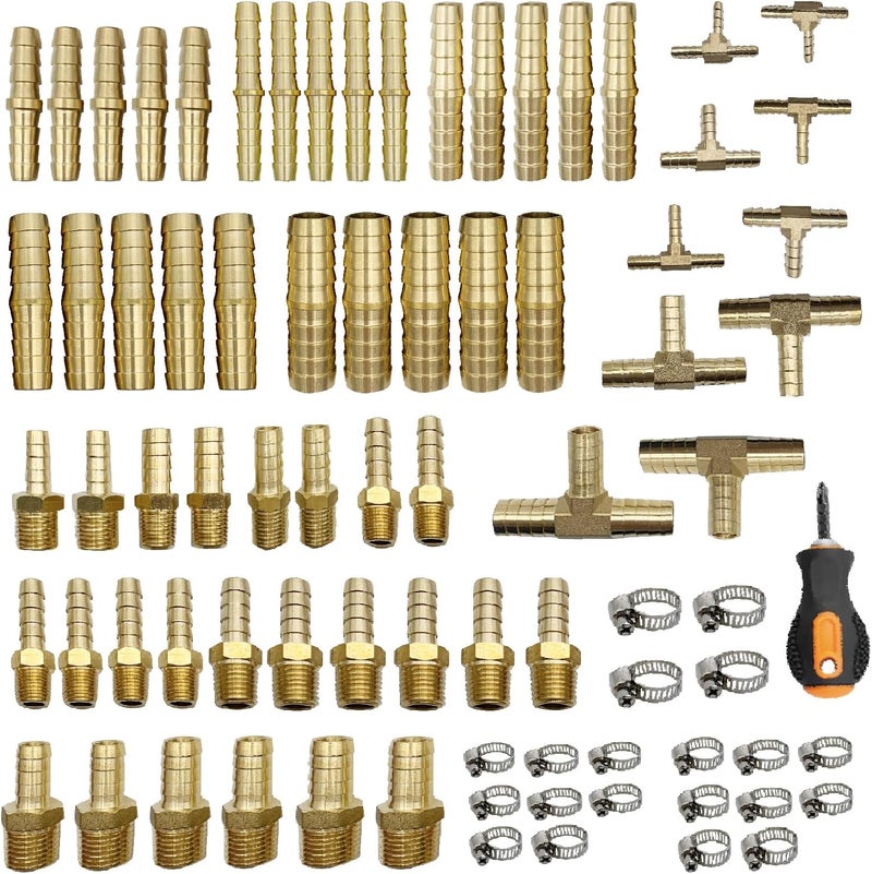 Rolfutool 82 pcs Brass Hose Barb Fittings Assortment Kits 1/8" 3/16" 1/4" 5/16" 3/8" 1/2" Barb Splicer & Barb To Male Coupler & Tee - Image 1